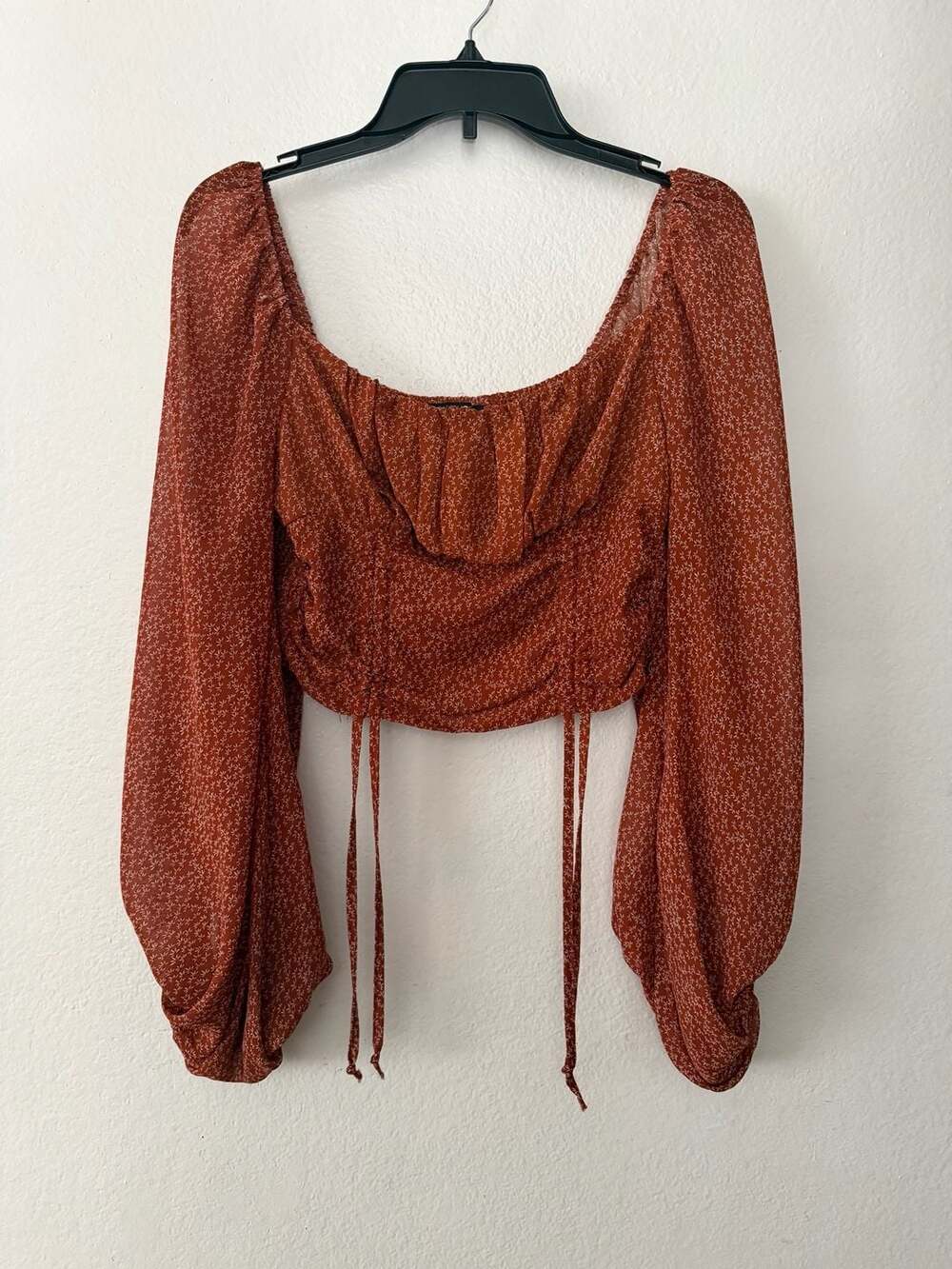 Papermoon Rust Orange Ditsy Floral Smocked Long Sleeve Crop Top Size L